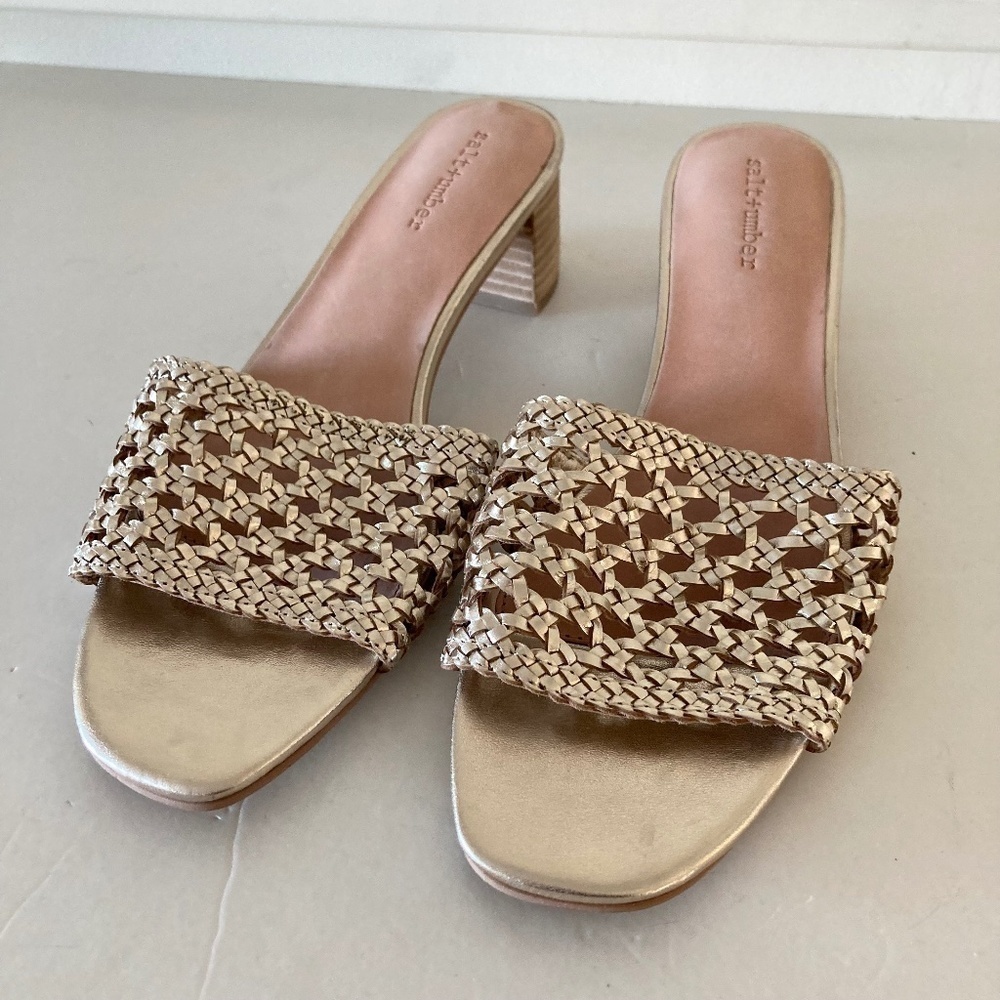NWOT Salt + Umber Anthropologie Tripoli Gold Leather Woven Heels - Picture 2 of 8